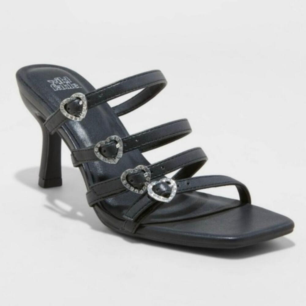 Wild Fable Rhinestone Heart Buckle Strappy Slip On Stiletto Heels Square Toe 7.5